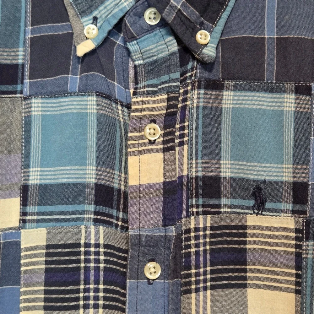 Ralph Lauren Boys Patchwork Plaid Button Down Shirt Size 6 Blue Preppy Americana